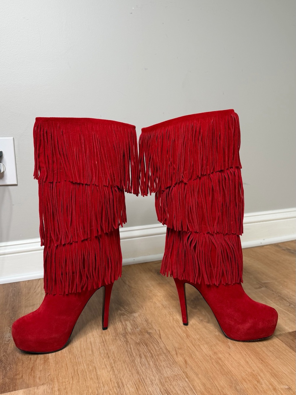 MOJO MOXY Women's Red Fringe Leather Platform Boots Stiletto Heel 8.5 - Picture 3 of 14